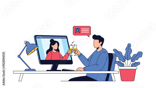 Young man having a romantic virtual date with a woman on a computer screen while both raise wine glasses for a toast.