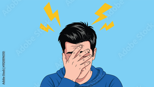 Stressed young man covering his face with his hand while experiencing a severe headache or migraine against a blue background.