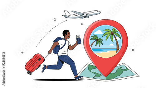 Excited man with a suitcase and passport running towards a tropical destination represented by a large location pin and map.
