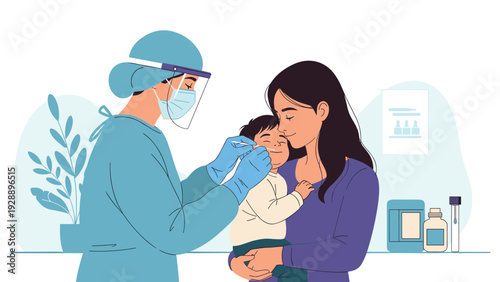 Healthcare worker in a protective gown and face shield taking a nasal swab sample from a young child held by his mother.