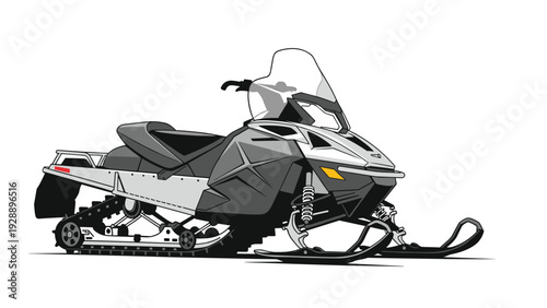 Detailed illustration of a high-performance modern snowmobile in grey and black tones designed for winter sport and transportation.