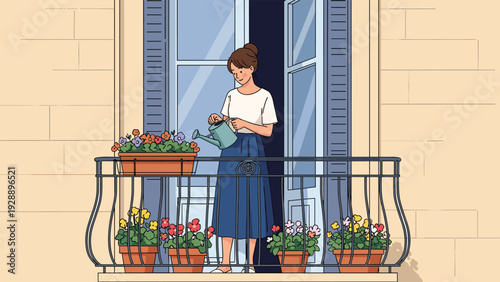 Young woman wearing a white shirt and blue skirt watering potted flowers on a classic french balcony with blue shutters.