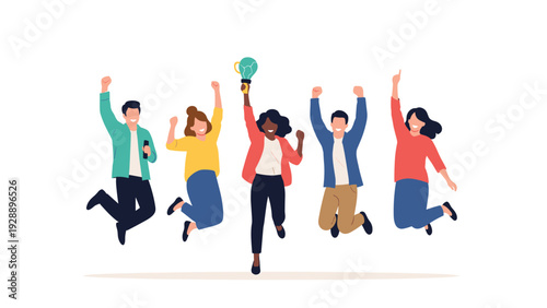 Group of multiethnic young professionals jumping in the air and cheering to celebrate a major business victory or team success.