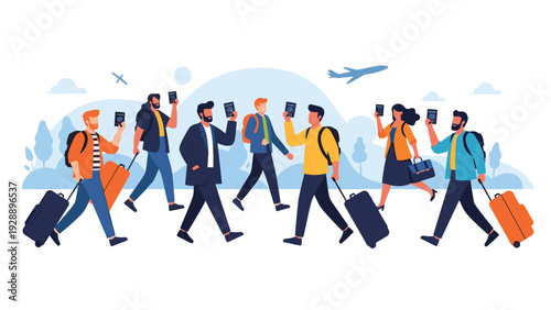 Group of diverse travelers carrying suitcases and holding up their passports while walking together towards an airport or terminal.