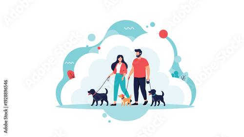 Young couple enjoying a walk together while leading three dogs on leashes against a decorative clouds and trees background.