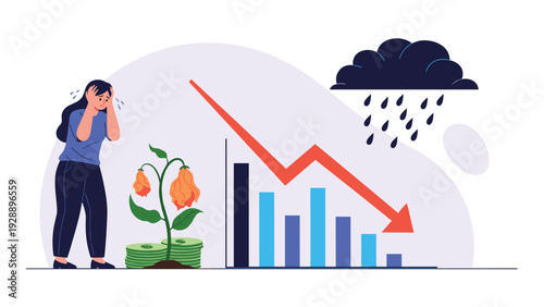 Distressed woman looking at a downward financial chart with a dying money plant under a rainy storm cloud in an economic crisis.