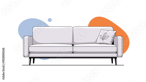Minimalist modern grey sofa with black legs and a single patterned pillow centered against a background of soft color shapes.