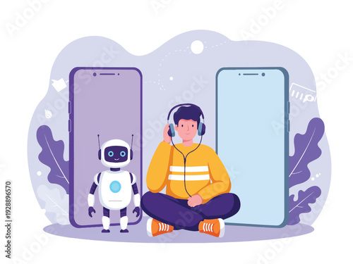 A man and a robot are sitting next to large smartphones wearing headphones listening music  technology and artificial intelligence concept