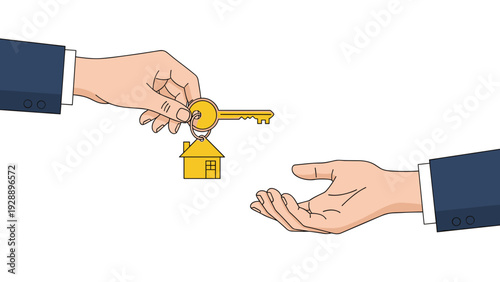 Close-up of one hand handing over a golden key with a house-shaped keychain to another hand representing a real estate deal.