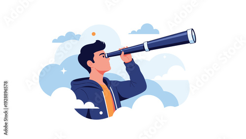 Curious young man in a hoodie looking through a long telescope towards the horizon above a sea of white clouds.