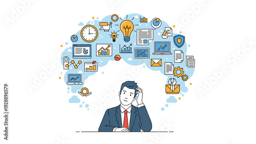 Businessman in deep thought surrounded by various business analytics and creative ideas icons in a cloud above his head.