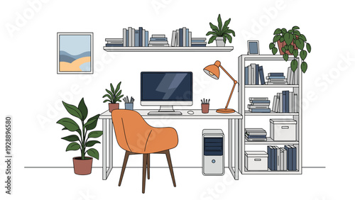 Interior view of an organized home office workspace with a computer, comfortable chair, bookshelves, and many green plants.