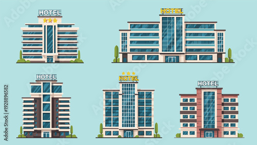 Collection of modern hotel building architectures with multiple floors and starry rating symbols for travel and accommodation.