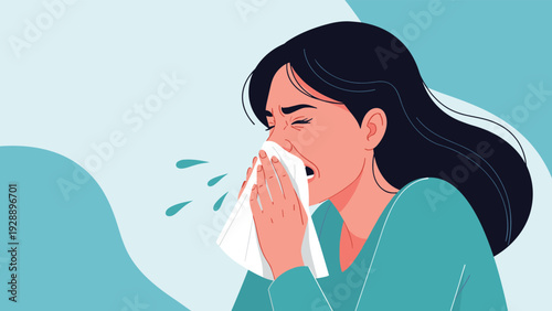 Young woman suffering from a cold or allergy sneezing into a white tissue with water droplets showing symptoms of illness.
