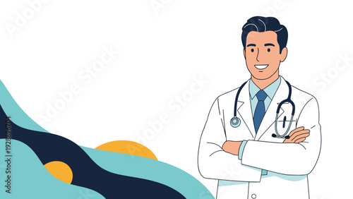 Confident male doctor wearing a white coat and stethoscope standing with arms crossed against a medical background.
