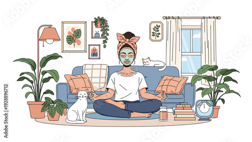 Young woman with a face mask practicing yoga and meditation in her living room surrounded by plants and her two cats.