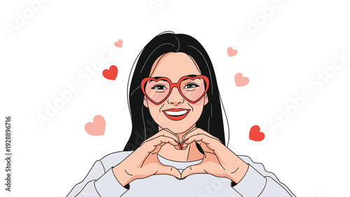 Smiling young woman wearing heart shaped glasses making a heart gesture with her hands surrounded by small red hearts.