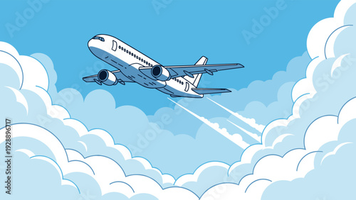 Commercial airplane flying above white fluffy clouds in a clear blue sky representing international travel and aviation.