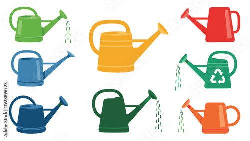 Selection of colorful watering cans for gardening and plant care including green, blue, yellow, and red plastic containers.