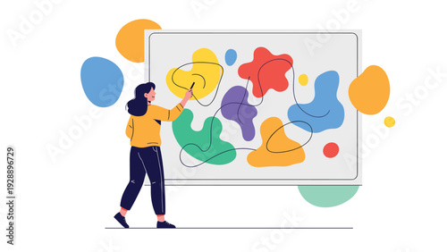 Young female artist standing in front of a canvas and drawing colorful abstract organic shapes with a black marker.