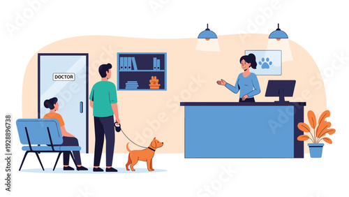 Pet owner with a dog waiting at the reception of a veterinary clinic while the receptionist assists from behind the desk.