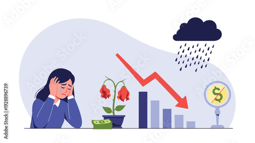 Sad woman crying at a desk with a declining chart, a dead plant, and no money symbols representing financial failure or recession.