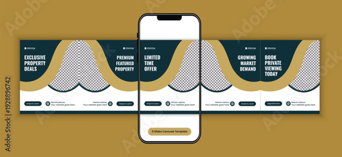 Modern real estate property investment social media carousel template, corporate business campaign design for real estate agency marketing, and premium housing campaign