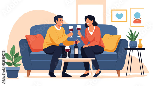 Man and woman sitting on a sofa in their living room and sharing a romantic moment while drinking red wine together.