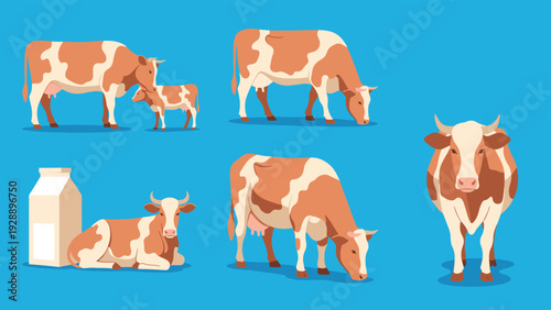 Collection of several cows in different poses along with a carton of milk on a blue background representing dairy farming.