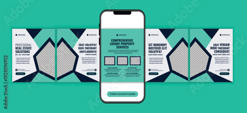 Modern real estate property investment social media carousel template, corporate business campaign design for real estate agency marketing, and premium housing campaign