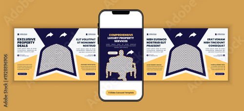Modern real estate property investment social media carousel template, corporate business campaign design for real estate agency marketing, and premium housing campaign