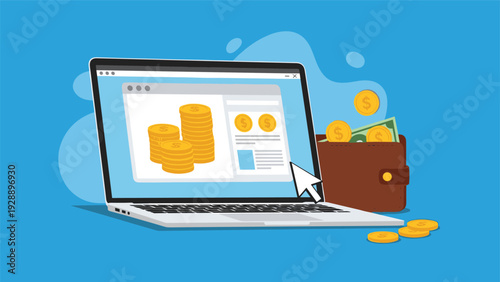 Digital banking and online investment concept showing a laptop screen with coin stacks and a wallet full of cash.