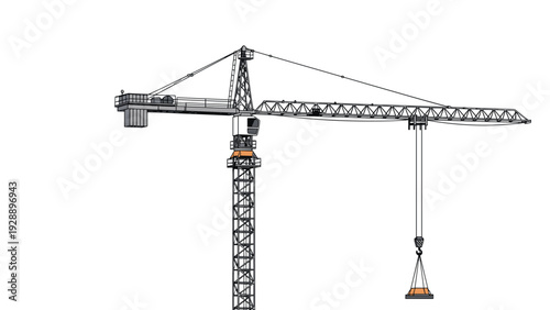 Large industrial tower crane on a construction site lifting a heavy load for urban building development projects.
