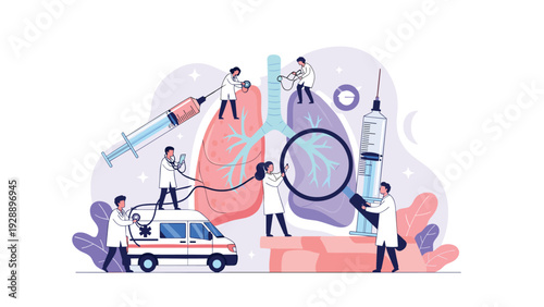 Medical illustration showing tiny doctors examining and treating giant human lungs with syringes and an ambulance.