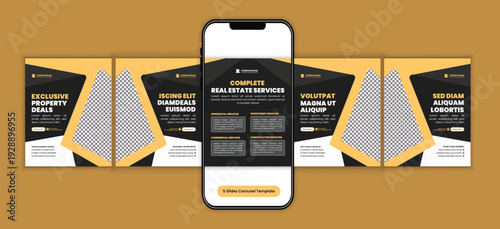 Modern real estate property investment social media carousel template, corporate business campaign design for real estate agency marketing, and premium housing campaign