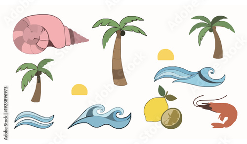 Hand Drawn Tropical Beach Doodle Vector Collection with Palm Trees Conch Shell Waves Sun and Seafood Elements