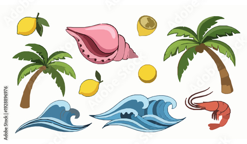 Whimsical Tropical Beach Doodle Illustration Set with Conch Shell Palm Trees Ocean Waves Sun and Shrimp