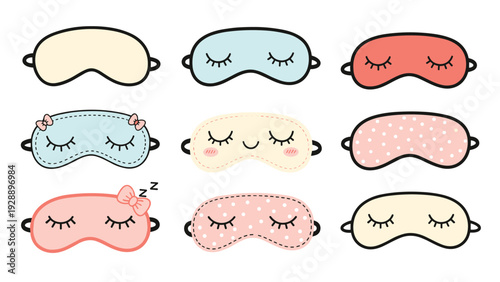 Selection of cute sleeping masks with different colors and patterns like dots and bows for rest and relaxation.
