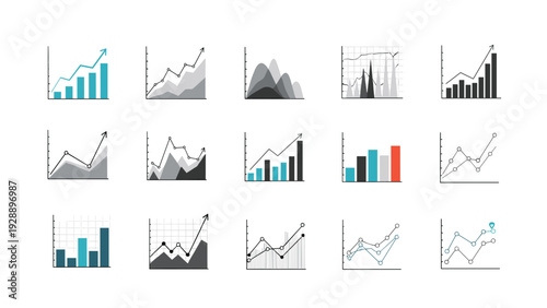 Diverse set of business data charts and financial graphs showing trends, comparisons, and performance metrics for analysis.
