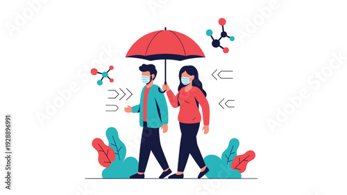 Man and woman wearing medical masks walking under a red umbrella for protection against rain and viruses in the air.
