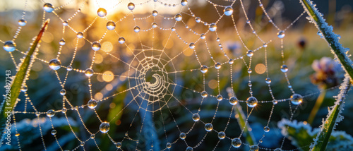 Panel kuchenny z motywem Wide panoramic view of an intricate spider web covered in sparkling morning dew drops at dawn, golden sunrise light illuminating the delicate silk threads and crystal clear water beads.