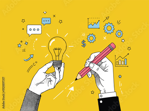 Business idea concept with hands holding light bulb and pencil surrounded by creative symbols and graphs  business innovation and creativity