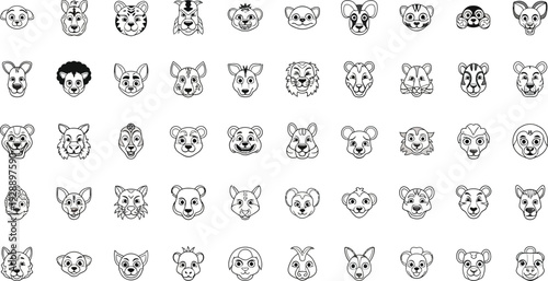 Minimal black-and-white animal face icons arranged in a clean grid, created with consistent stroke lines and simple line art, perfect for modern UI, branding, and creative design use.
