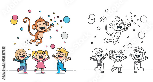 Happy cartoon children playing with a cute monkey jumping in the air, funny vector illustration