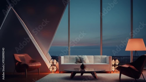 Living room featuring modern design elements, comfortable seating, and a large window overlooking a twilight sky, creating a serene and luxurious atmosphere for relaxation and sophisticated dwelling