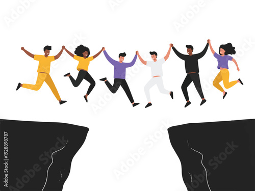 Diverse group of people jumping over a gap holding hands in teamwork and trust  a symbol of unity and cooperation