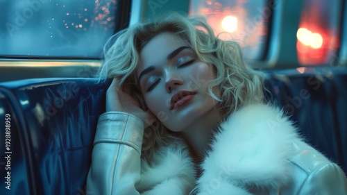 A beautiful young woman with blonde hair sleeps soundly in a plush train seat, surrounded by warm, blurry lights and a cozy coat.