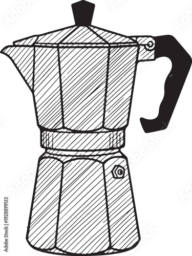 Classic moka pot coffee maker sketch illustration, portraying a traditional Italian espresso brewing device with vintage charm and artistic appeal