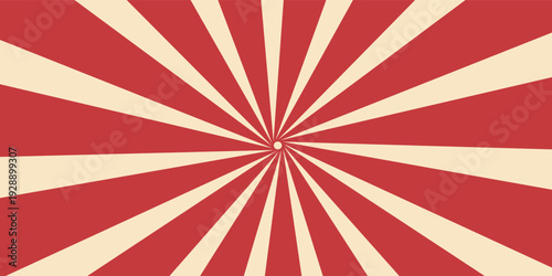 Red sunburst lines on yellow Background. Light sun rays pattern. Vintage stripes halftone radial wallpaper for poster, banner, advertising backdrop, comic or circus scene.