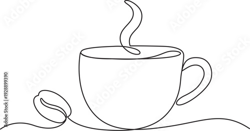 Continuous line drawing of a steaming coffee cup and coffee beans.